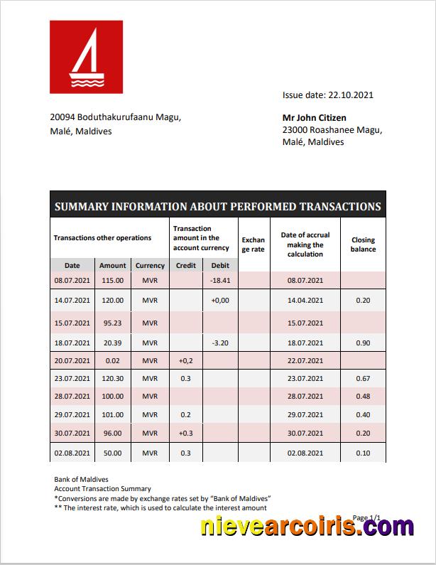 Maldives Bank of Maldives bank statement in Word and PDF format